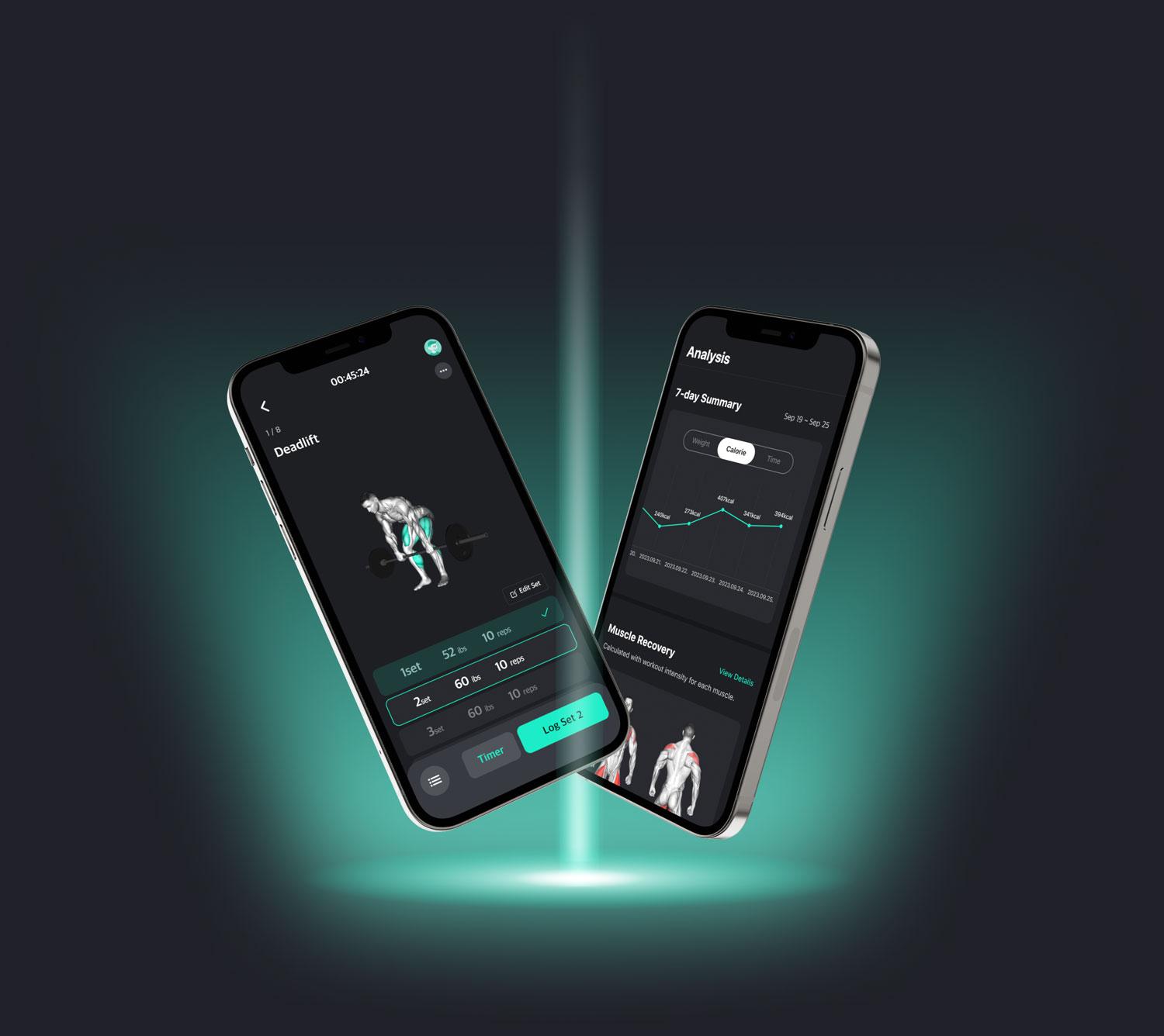 Two-mockups-intersecting.One-is-workout-planner-and-the-other-screen-is-ai-analysis.